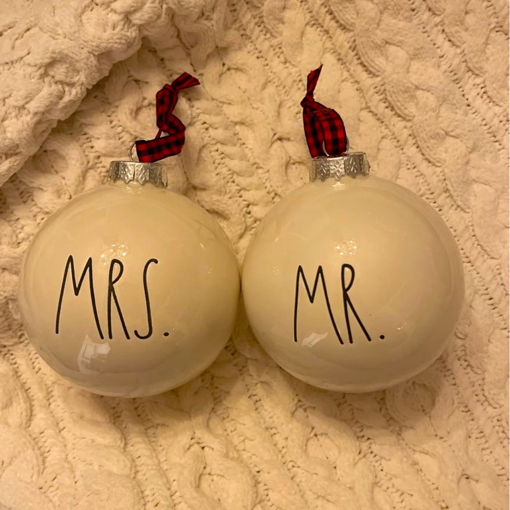 Sold-Rae Dunn Mr and Mrs Ornaments